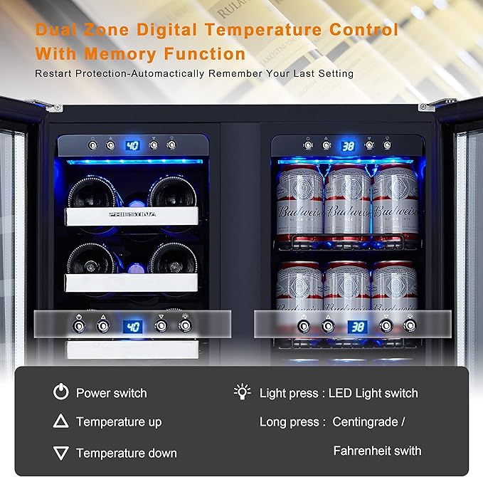 Phiestina Beverage Refrigerator, 24 Inch Wine and Beverage Fridge, Under Counter Wine Cooler- 20 Bottles & 78 Cans, Built-in/Freestanding Dual Zone with Glass Door