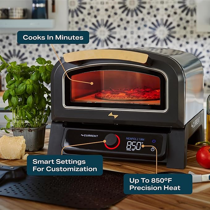 Current Model P Smart Electric Pizza Oven, 12-Inch, 850°F Max, 8 Cooking Modes, App Connectivity for Temperature Monitoring & Custom Cooking Times, Compact for Indoor & Outdoor Use, Beige