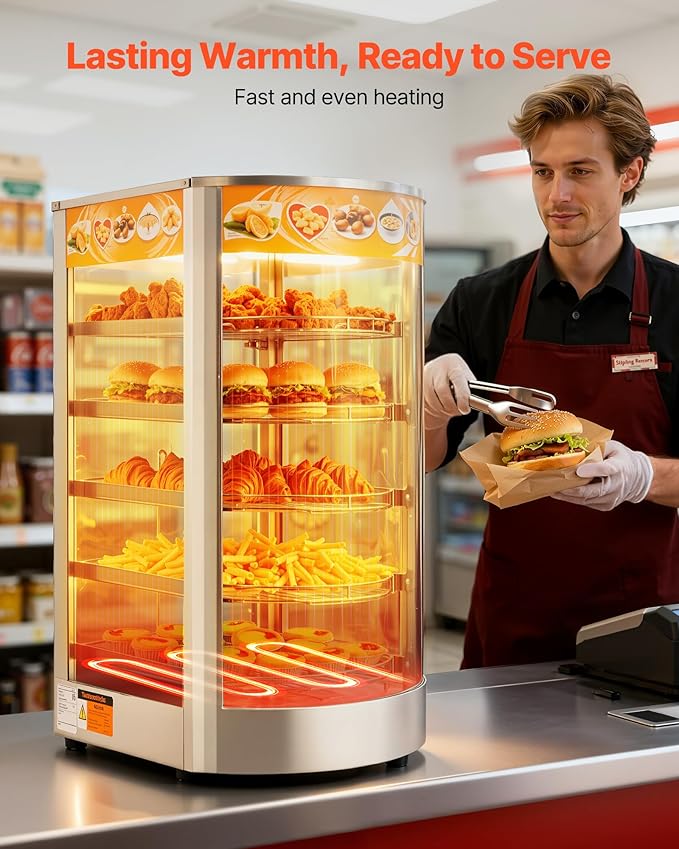 VEVOR 5-Tier Commercial Food Warmer Display, 800W Food Display Warmer with LED Light, Adjustable Shelf and Stainless Steel Frame, 86℉~185℉ Air Heating, 60L for Hamburger, Pizza, Bread, Fried Chicken