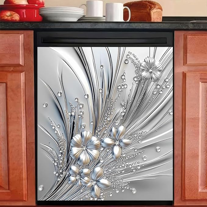 Flowers Dishwasher Magnet Cover 23x26 Inch Silver Floral Refrigerator Sticker Washer Kitchen Decor Floral Magnets Sticker Refrigerator Magnets Decor Panel Kitchen Appliances Art Decor
