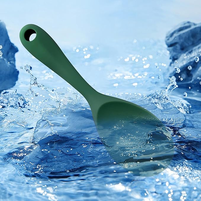 2PCS 8.8 Inch Silicone Rice Paddle Spoon, Dark Green Non Stick Rice Spatula, Heat Resistant Rice Cooker Spoon for Rice, Salads, Mashed Potato