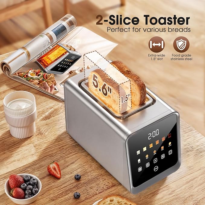 Touch Screen Toaster 2 Slice, Smart Digital with 1-Touch Memory, 1.5" Wide Slot for Bagels, 5 Bread Types & 6 Shade Settings, 900W, Defrost & Reheat