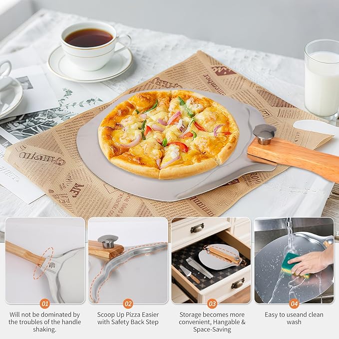 12"x14" Aluminum Pizza Peel Set- Pro Pizza Paddle & Pizza Spatula with Foldable Wooden Handle & Rocker Cutter Compatible with Ninja/ooni, Complete Pizza Oven Accessories for Baking Bread/Dough/Pastry