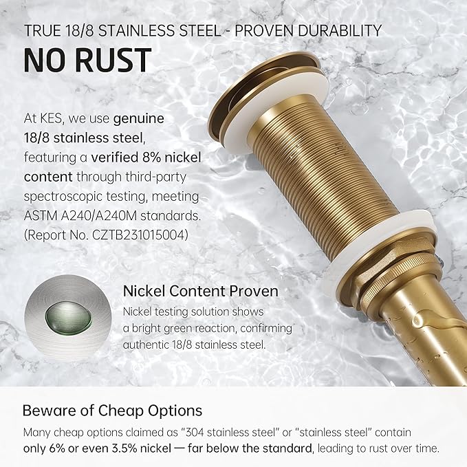 KES All-Metal Pop Up Bathroom Sink Drain, Extended Thread for Thicker Vessel Sinks & Countertops, Durable Brass & Stainless Steel, No Overflow, Brushed Gold, S2022D-BZ