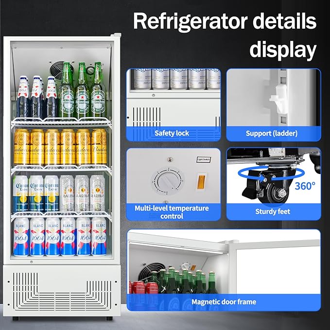 6.5 Cu.Ft Commercial Beverage Refrigerator Glass Door Upright Drink Cooler Display Fridge with Adjustable Shelves and LED Light for Restaurant Bar Store Office White