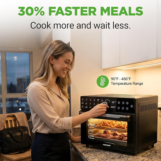 NutriChef 32 Quart Air Fryer & Oven | Digital Airfryer with 20 Presets, Dual Cook, Rotisserie, Bake & More | Multi-Function Convection Countertop Oven | Large Capacity | 18" x 17" x 14 | Black