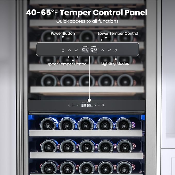 Yeego 24 Inch Wine Fridge – Wine Cooler Refrigerator 40°F-65°F, 304 Stainless Steel Glass Door Lock, Temp Memory Blue & White LED Built-in Fridge with Adjustable Shelves (154 Bottle)