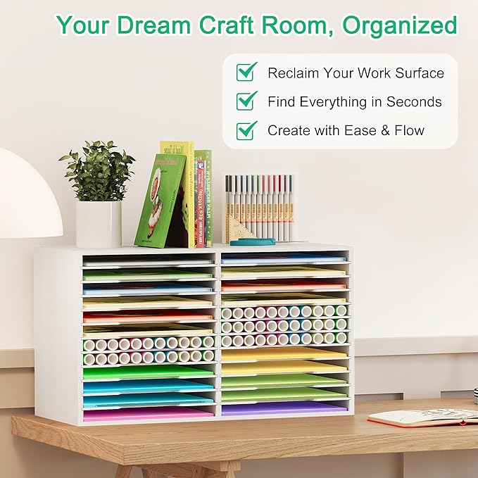 EasyPAG Scrapbook Paper Storage Organizer for Craft Room, 12x12 Paper Storage Desk Shelf, 24 Slot Adjustable File Sorter for Office School Classroom, White
