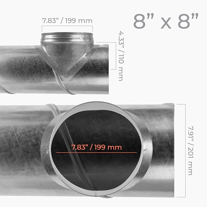 Galvanized Steel Saddle Takeoff – Round 90 Degree Splitter for 8” Duct with 8" Outlet Branch Connector - Range Hood Duct Adapter - Heavy Duty Supply/Exhaust Air Ventilation Duct Work Collar
