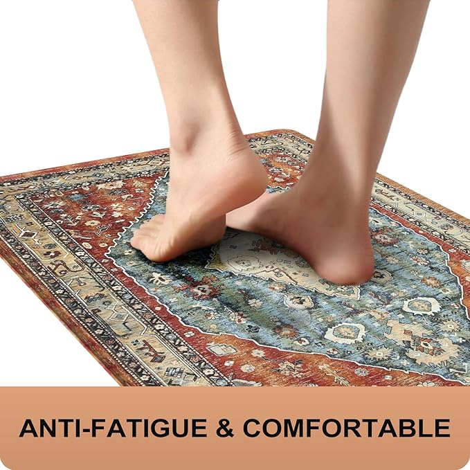 Collive Boho Kitchen Mats for Floor, Kitchen Mats Cushioned Anti Fatigue Waterproof Kitchen Rugs Sets of 2 Non-Skid Comfort Standing Mat for Kitchen, Office, Sink, Laundry, 20"x32"+20"x48"(Red)