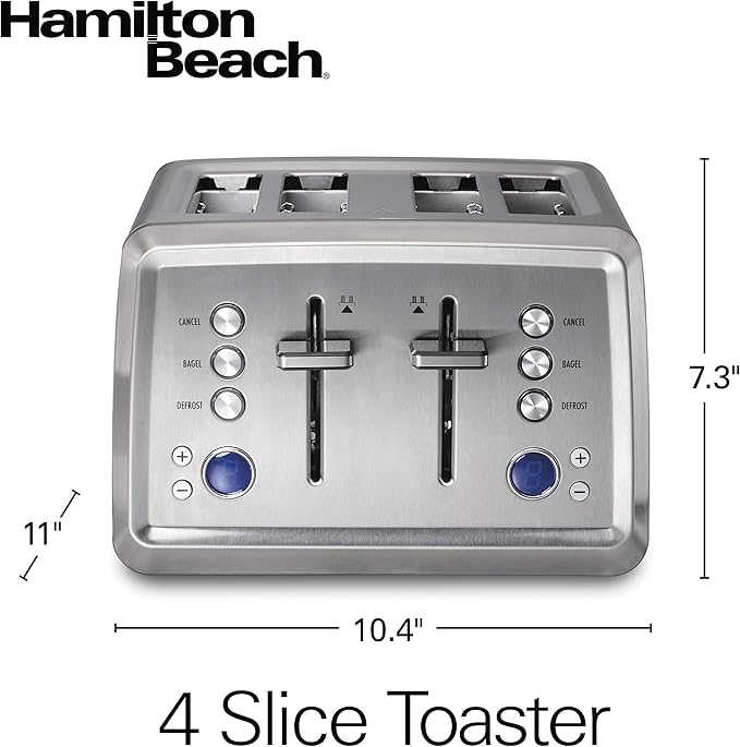 Hamilton Beach 4 Slice Toaster with Extra-Wide Slots, Bagel Setting, Toast Boost, Slide-Out Crumb Tray, Auto-Shutoff & Cancel Button, Digital with Defrost Function, Stainless Steel (24796)