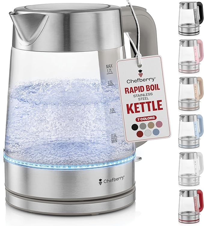 Electric Kettle for Boiling Hot Tea & Water | 1.7L Stainless Steel Borosilicate Glass Boiler With No Plastic, Automatic Shutoff, BPA Free, Fast Heating Technology (Green)