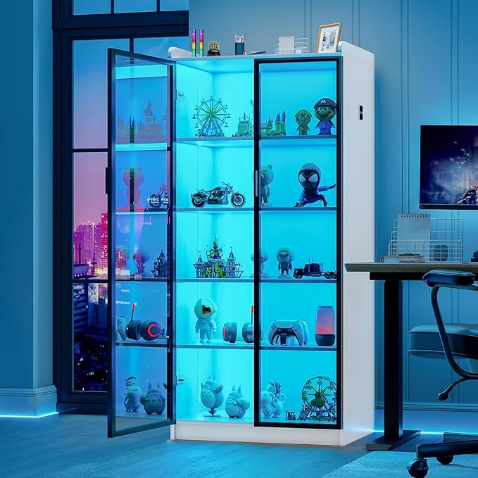 Lvifur 65" LED Display Cabinet with Lights for Living Room, 5 Tier Bookcase with Adjustable Shelves for Office, Tall Storage Cabinet with Human Body Induction for Collectibles (White)