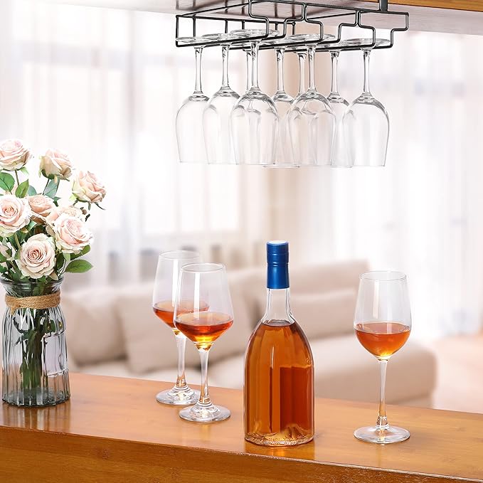 Wine Glass Rack Under Cabinet Drilling Free No Screw Steamware Holder Under Shelf Metal Wine Glasses Holders 304 Stainless Steel Hanger Storage Organizer Hanging Glass Fit for Bar Kitchen 3 Rows Black