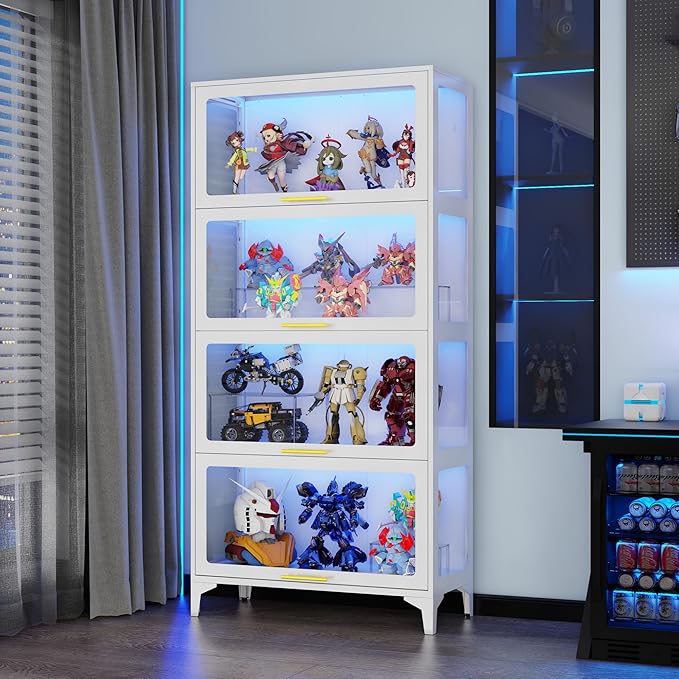 65" Tall Display Cabinet with Glass Doors,Metel Curio Cabinet with RGB LED Lights,4 Tier Glass Display Case for Scale Figures, Collectibles,Books(White)