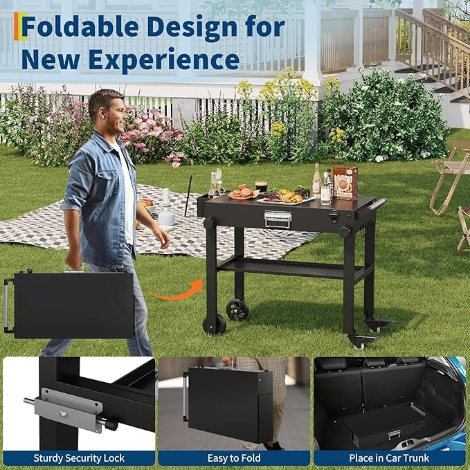 Portable Outdoor Grill Stand, Foldable Griddle Cart Table with Wheels, Pizza Oven Table Stand, Rolling Kitchen Work Table for BBQ Grilling, Food Trailer, Patio and Outdoor Cooking