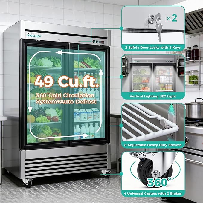 COOLCHEF 54" Commercial Glass Door Refrigerator, 49 Cu.Ft Double-Door Reach-In Cooler, 33–40℉, Double-Layer Low-E Glass, 8 Shelves, R290