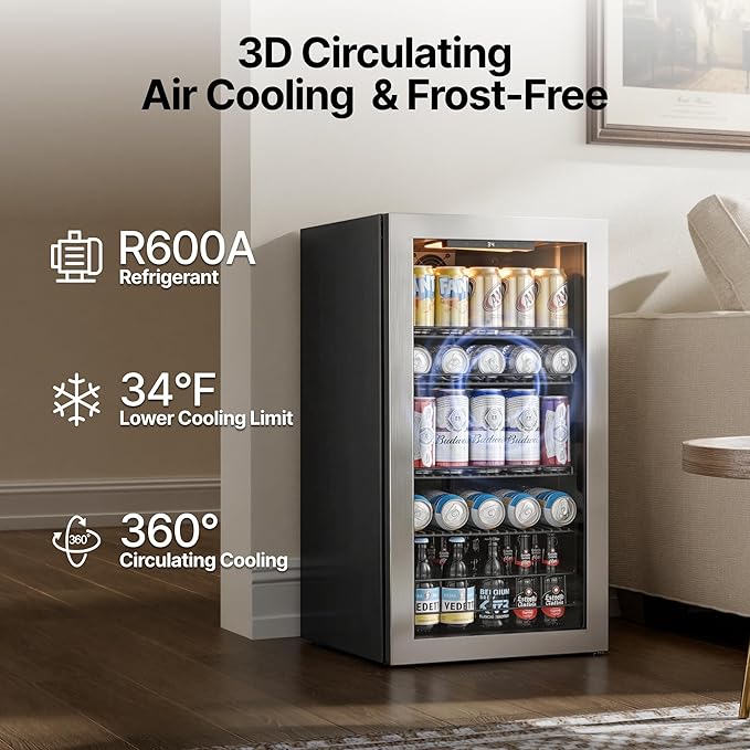 Ca'Lefort 105 Cans Beverage Cooler Mini Fridge, Beverage Refrigerator with Reversible Glass Door, Adjustable Shelves for Soda, Beer & Wine, Digital Temperature Control for Home, Office, Bar or Dorm