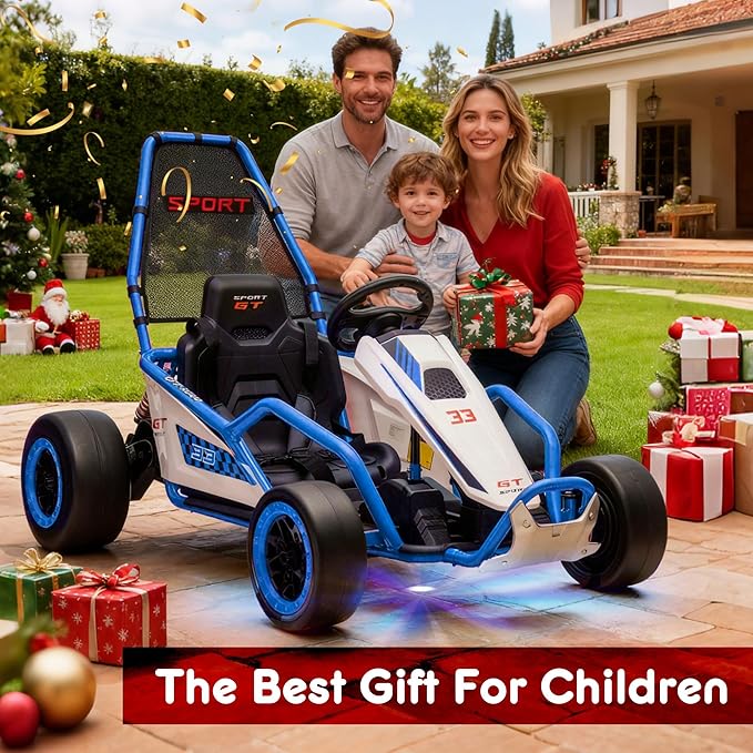 24V 8.5 MPH Electric Go Kart for Kids, 400W Powerful Drift Kart w/Front EVA Wheel & Metal Frame, Ride on Toy w/Music & Lights, Suspension, 2 Speed, 5 Point Harness, Crazy Cart for Ages 6+, Blue