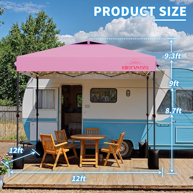 12x12 Pop Up Canopy, Easy Up Canopy Tent, Heavy Duty Tents for Parties, One Person Set Up Event Tent, Pink