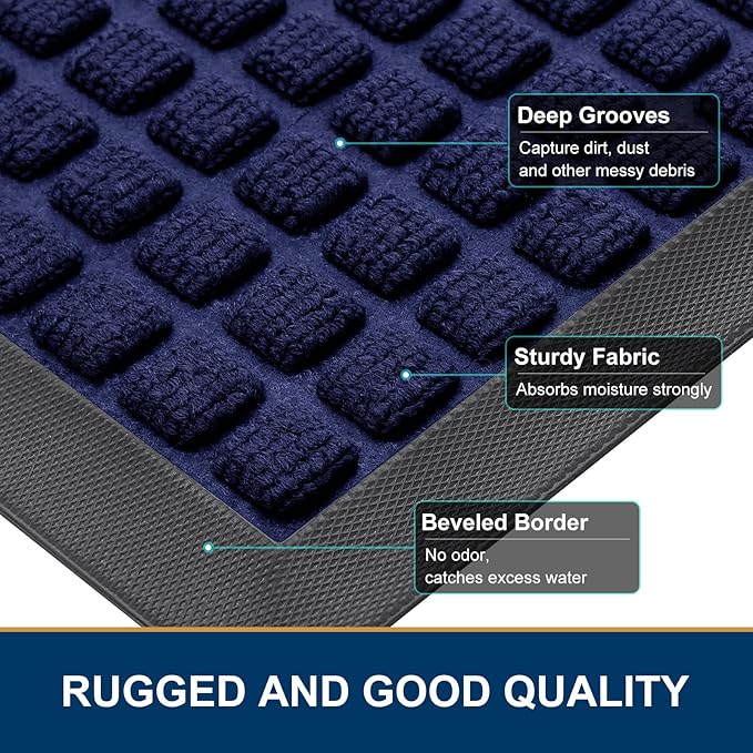 Smiry Front Door Mat Outside Entrance, Heavy Duty Natural Rubber Doormat, Non Slip, Trap Dirt and Moisture, Easy Clean, Low Profile Welcome Floor Mats for Indoor Outdoor Entry, 59x23 Inch, Navy Blue