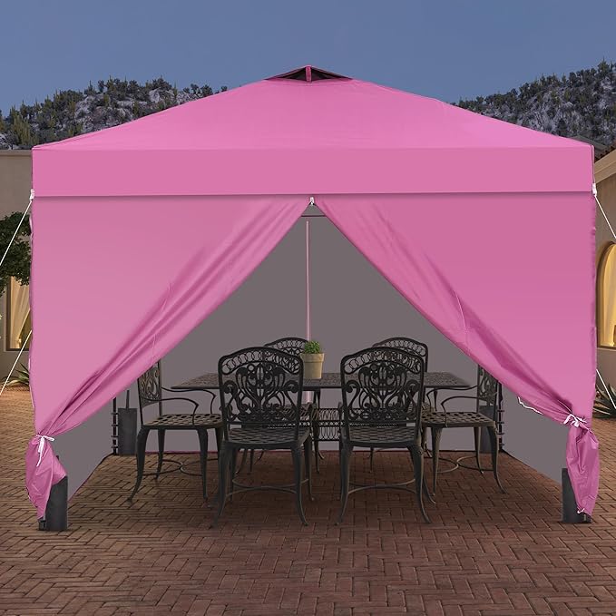 Saemoza 10x10 Pop Up Canopy Tent with One Push Setup, Portable Sun Shade Tent, Instant Easy Up Canopy with 4-Sidewalls & Handbag, Outdoor Fldable Gazebo with Vent Top, Pink.