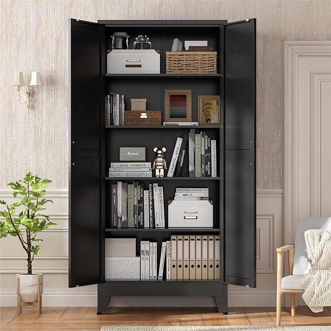 Metal Kitchen Pantry Cabinet,71" Black Farmhouse Storage Cabinet with 2 Vintage Barn Doors and 4 Adjustable Shelves, Rustic Freestanding Cupboard for Kitchen,Home Office Living Room,Dining Room