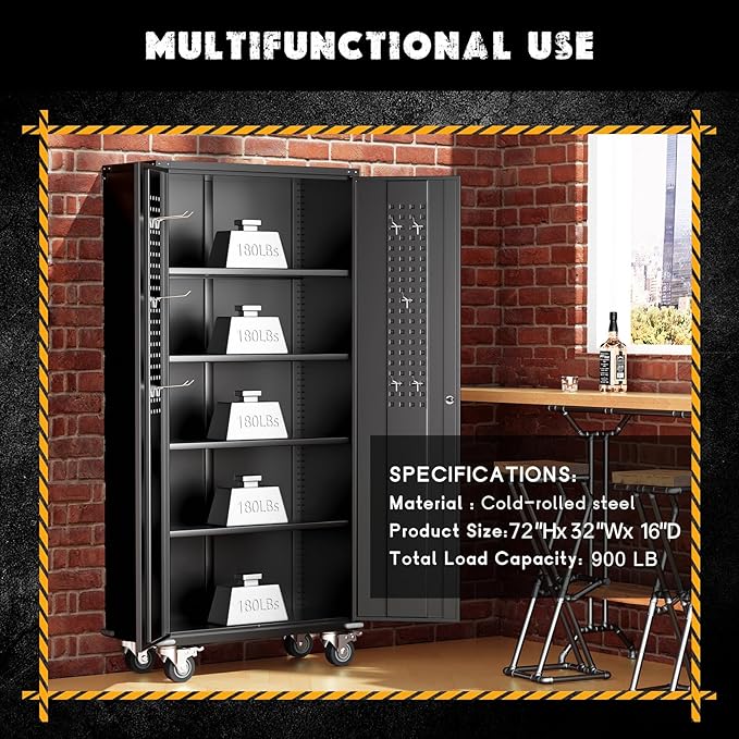 Greenvelly Metal Storage Cabinet with Wheels, Lockable 72" Black Metal Garage Cabinets with 2 Doors and 4 Adjustable Shelves, Rolling Steel Tool Cabinet for Garage, Home Office, School