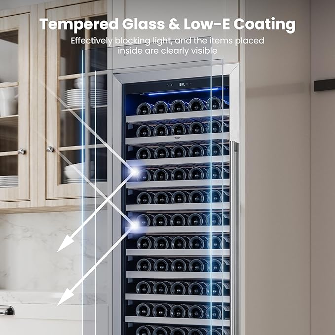 Yeego 24 Inch Wine Fridge Cooler - 165 Bottles Wine Cooler with Glass Door, 40-65℉ Built-In or Freestanding Wine Refrigerator with Door Lock and 2 Color LED for Kitchen Bar Office (Left-Hinged)