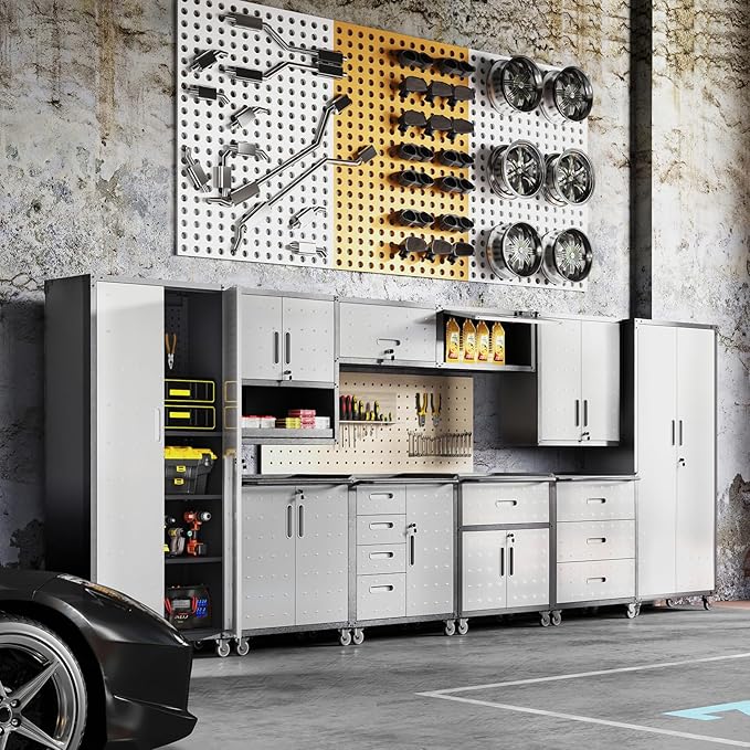 Garage Cabinet Wall Mounted with Doors and Opening Drawer, Heavy Duty Metal Garage Wall Cabinets Hanging Cabinets with Lock Tool Cabinet for Kitchen Warehouse, Assembly Required