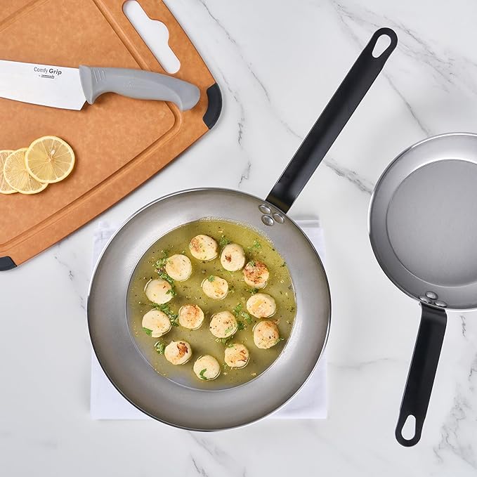 Restaurantware Fry Pan 6 Pack of 11 Inches Carbon Steel Non-Stick Searing Pan With Ergonomic Handle Silver For Sauteing and Omelets