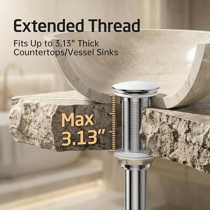 KES Polished Chrome Bathroom Sink Drain with Extended Thread, All Metal Pop Up Drain Stopper without Overflow for Thicker Vessel Sinks and Countertops, Brass and Stainless Steel, S2022D-CH