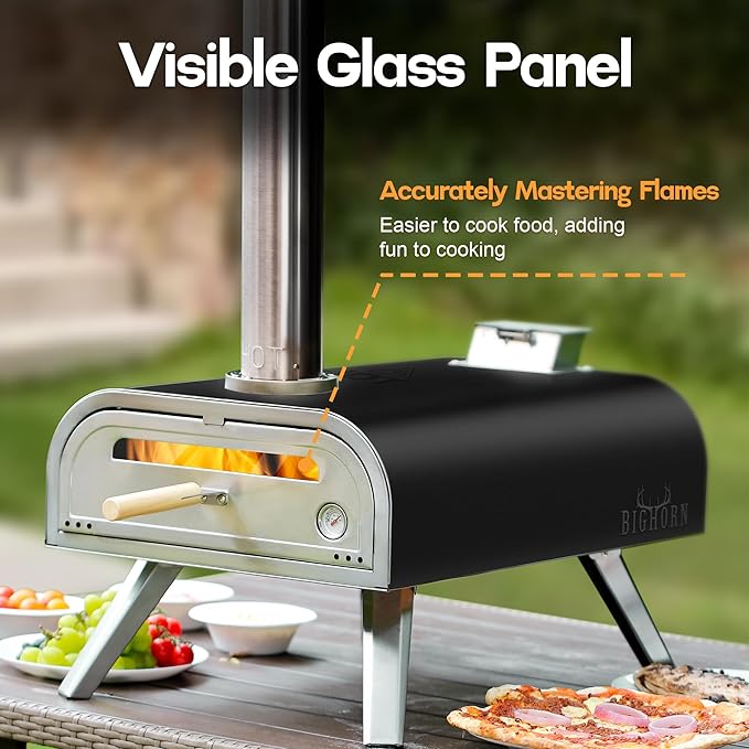 BIG HORN OUTDOORS 16 Inch Wood Pellet Burning Pizza Oven Pellet Pizza Stove, Portable Stainless Steel Pizza Oven with Pizza Stone for Outdoor Backyard Pizza Maker Garden Kitchen