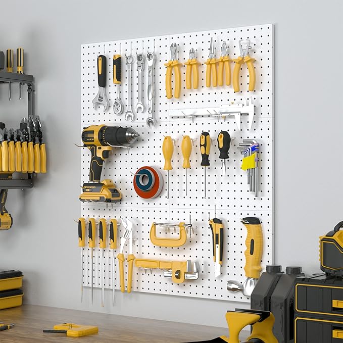 Peg Board, 6 Pack Metal Pegboard Panels White Pegboards Wall Organizer with 50 Hooks, Heavy Duty Peg Board for Walls Home, Garage Tool Storage, Office Organization, Craft Room, Kitchen
