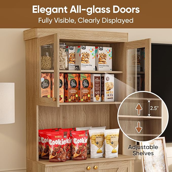 71" Tall Farmhouse Kitchen Pantry, Large Storage Cabinet with Glass Doors and Drawers, Freestanding Coffee Bar Hutch with Microwave Stand, Adjustable Shelves for Kitchen, Living Room, Brown 2 Pcs