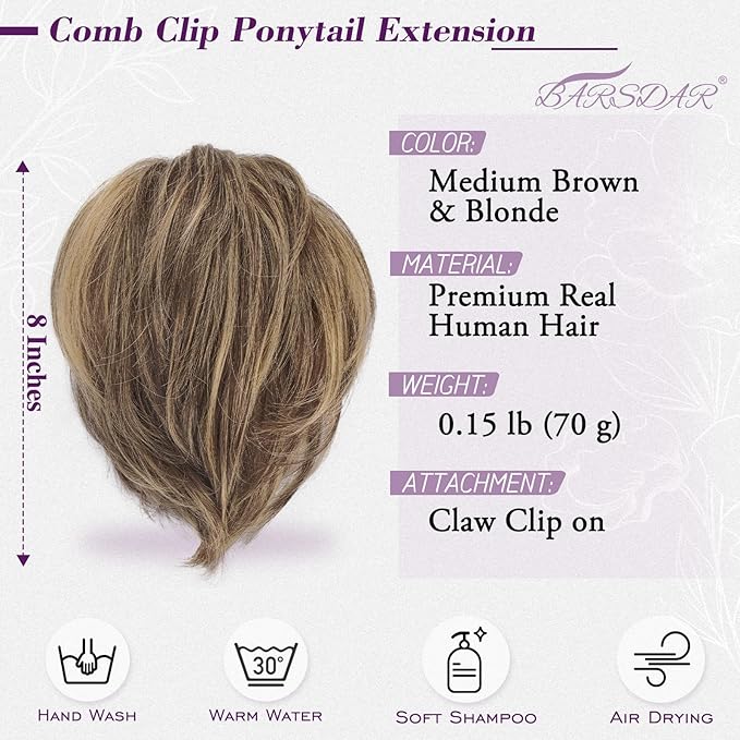 BARSDAR Claw Clip Short Human Hair Ponytail Extension with Bendable Metals - DIY 8 Inch Real Human Hair Medium Brown Blonde Messy Bun Hairpieces for Women - Thick Natural Short Ponytail Daily