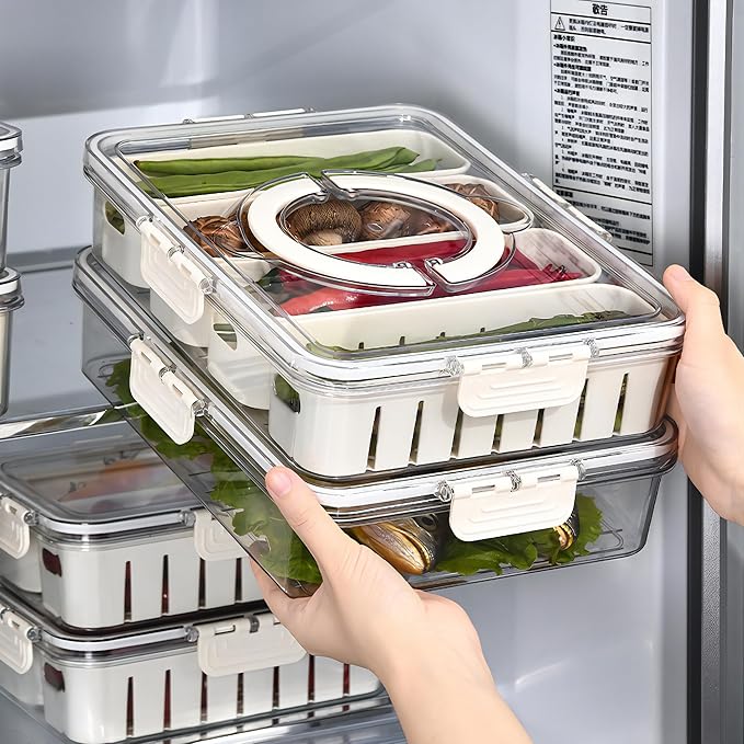 MineSign Divided Snackle Box with Lids Stackable Food Serving Tray for Fruit&Veggie Plastic Fridge Storage Container for Pantry Freezer Clear Snack Box for Meal Prep Candy Nuts Spice