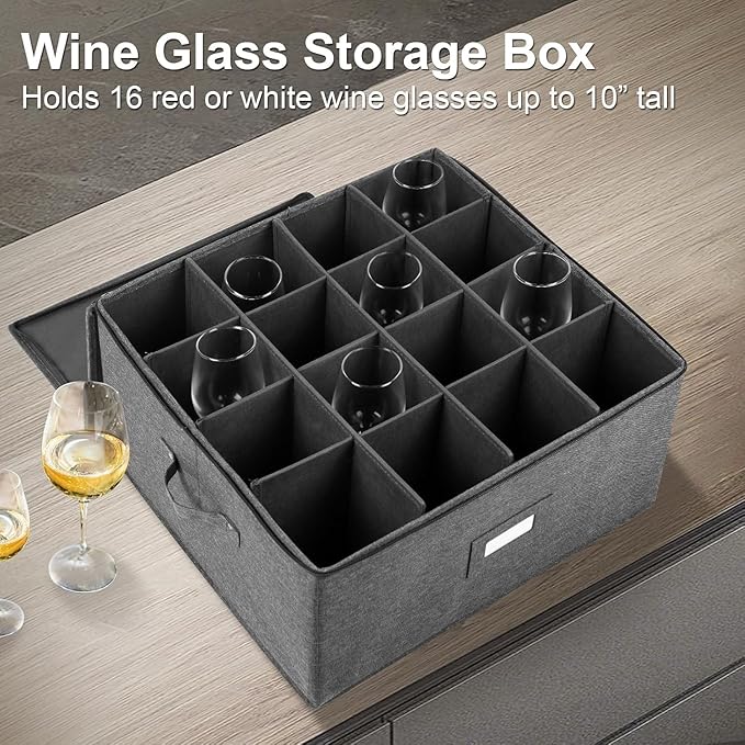 popoly Stemware Storage Cases 2 Pack, Wine Glass Storage Box Containers with Dividers for Glassware or Crystal, Holds 32 Red or White Wine Glasses, Hard Top and Stackable (Grey)