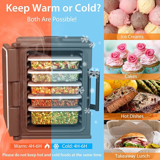 COSTWAY Insulated Food Pan Carrier, 95 Qt Hot Box Catering for 6 Full-Size Pan, Stackable Design, Fastener, Portable Front-Loading Food Warmer for Family Gathering, Buffets, Restaurant, Grey (1)