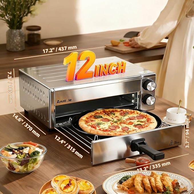 Anatole Electric Pizza Oven Indoor Air Fryer 12" 1800W Stainless Steel Countertop Pizza Maker Convection Cooker Time Temperature Adjustable with Removable Crumb Tray ETL Certified