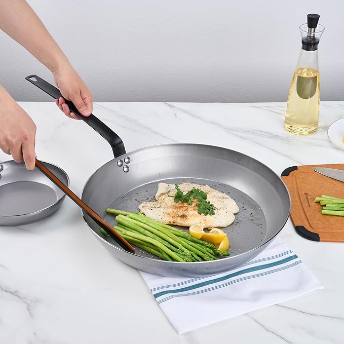 Restaurantware Met Lux 16 Inch Fry Pans, 6 No-Stick Frying Pans - Induction-Ready, Triple-Riveted, Silver Carbon Steel Cooking Skillets, Durable, For Searing, Sauteing, And Browning Food