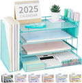 OPNICE Desk Organizer, 4-Tier Desktop File Organizer with Drawer and 2 Pen Holders, Office Desk Accessories, File Sorters, Workspace Organizers for Office Supplies(Teal Blue)