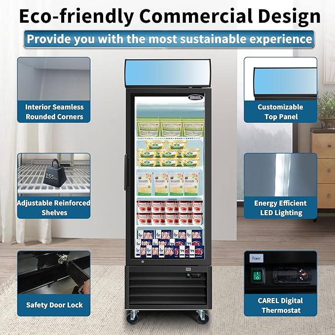 Glass Door Merchandiser Freezer 19.2 Cu.ft Swing Door Commercial Reach-In Display Freezers with LED Top Panel Upright Freeze Storage (1 Door)