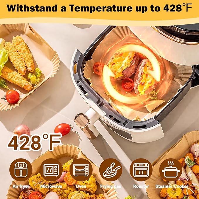 375Pcs Air Fryer Paper Liners, 8" Square Air Fryer Liners Disposable, Heavy-Duty Parchment Paper for 5-8 qt Airfryer, Non-Stick & Non-Leak Paper Liners for Oven Pan, Deep Fryer Parts & Accessories