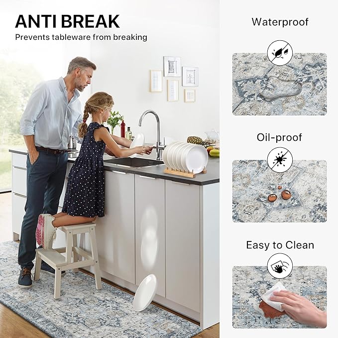 GENIMO Kitchen Mats for Floor 2PCs, Washable Anti Fatigue Mat for Cushioned, 17.3"x59"+17.3"x30", Waterproof Kitchen Rugs, Non Slip Foam Standing Mat Rug for Home, Sink, Office, Laundry, Light Blue