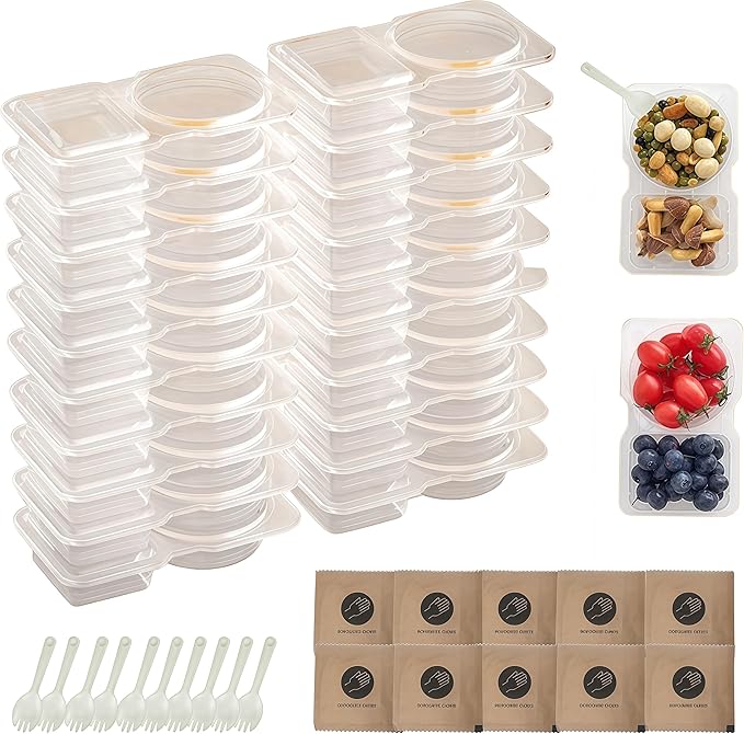 20 Set Reusable 2 Compartment Snack Containers, Portable Food Boxes for Salad Yogurt Cereal Sauce, Portion Control for Refrigeration Travel Outdoor Takeaway