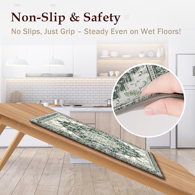 Boho Kitchen Mats for Floor 2 Piece Set Anti Fatigue Cushioned PVC Kitchen Rugs Non Slip Waterproof Farmhouse Mats 2/5 Inch Comfort Standing Mat for Sink, Laundry, Office, 17.3"x59"+17.3"x28", Green