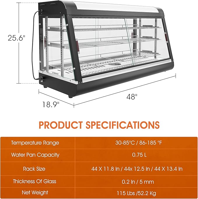 48-inch Commercial Food Warmer Display Case, 3-Tier Countertop Food Pizza Pastry Warmer w/ 3D Heating with LED Lighting Removable Shelves Glass Door, Pastry Display Case for Buffet Restaurant
