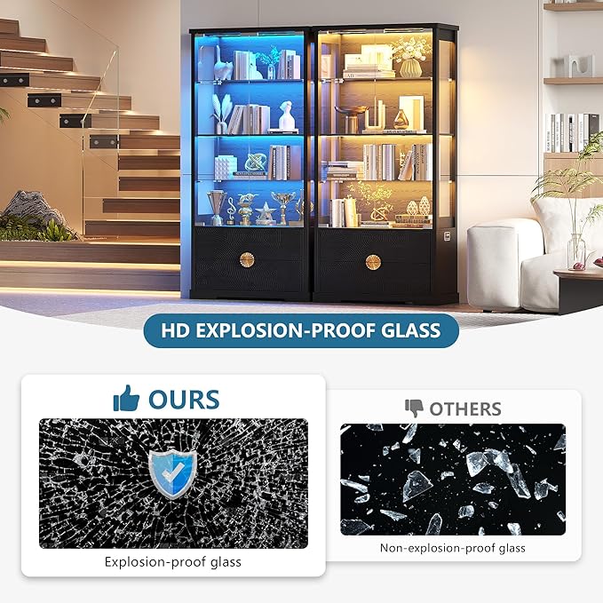 RGB Glass Display Cabinet with Door, 4-Tier Curio Cabinet with 2 Drawers and Adjustable Glass Height Showcase, Display Case with 3 LED Light and Human Body Sensor, Black
