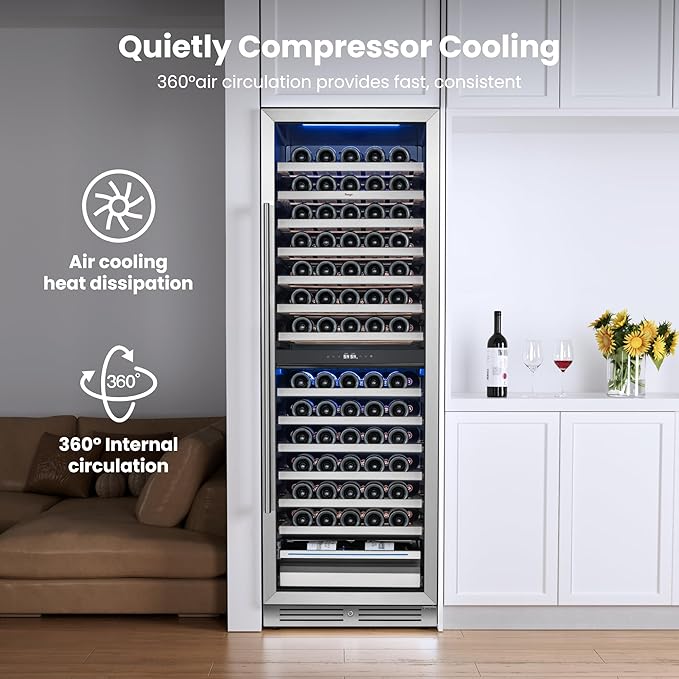 Yeego 24 Inch Wine Fridge – Wine Cooler Refrigerator 40°F-65°F, 304 Stainless Steel Glass Door Lock, Temp Memory Blue & White LED Built-in Fridge with Adjustable Shelves (154 Bottle)